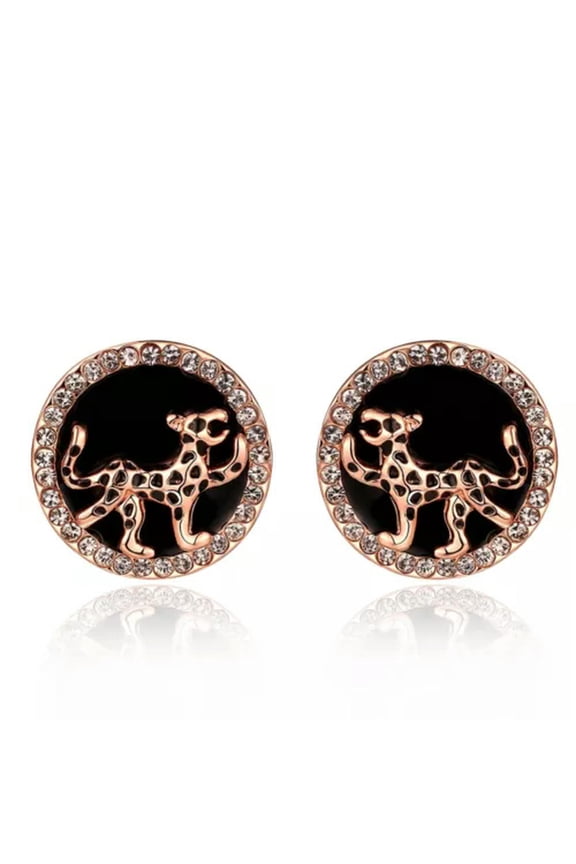 Rose Gold Plated Platinum Black Earrings Aaa Zirconia Push Back Jaguar.84" L255-18K Gold Rose Plated