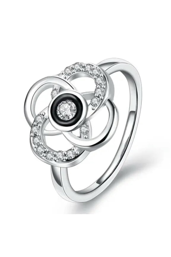 Rose Gold Platinum Plated Fashion Ring Black Aaa Zirconia Women Flower B293-Platinum Plated-8