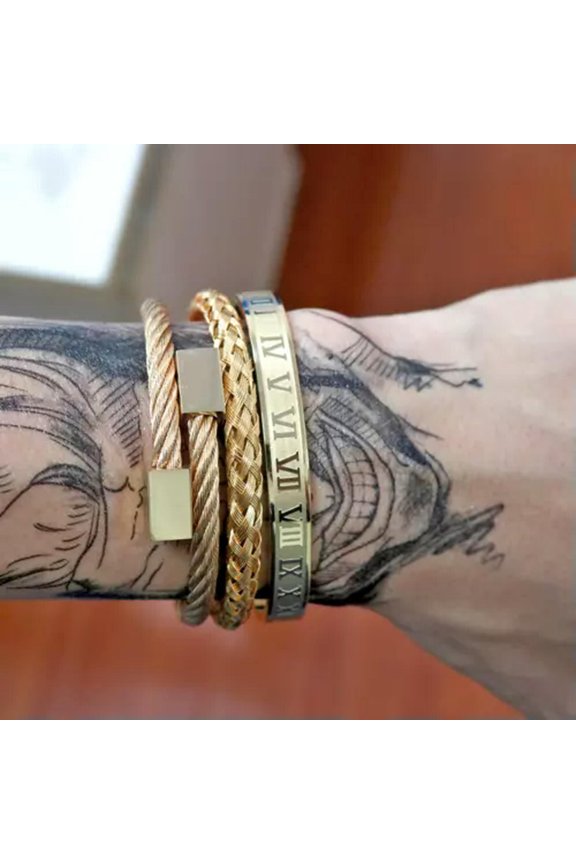 Royal Luxury Stainless Steel Bangle Fashion Roman Men Women Bracelets Jewelry-Gold 3Pcs Set