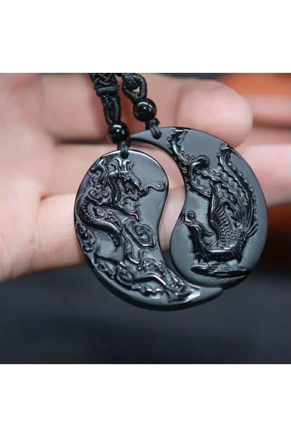 Set Obsidian Taichi Dragon And Phoenix Necklace Pendant Charms Pendants-"Round Style" Dragon And Phoenix