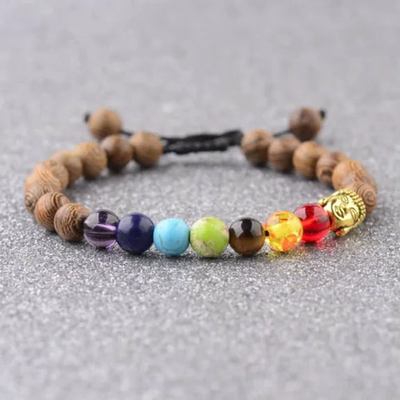 EOEMY Seven Planet Bead Bracelet Men Women Natural Stone Universe Yoga Chakra Bangle-7 Chakra+Wood