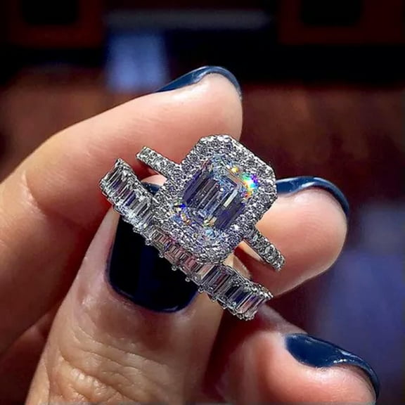 EOEMY Shiny Zircon Crystal Set 925 Sterling Silver Ring Women Rings Jewelry Size 6-10-7
