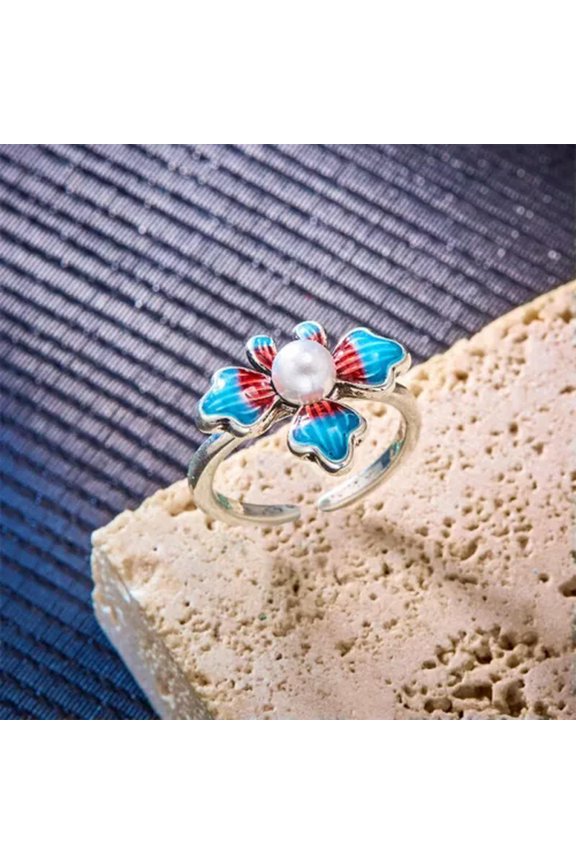 Silver Blue Lotus Flower Adjustable Opening Finger Ring Buddhism Jewelry-Y0465-2