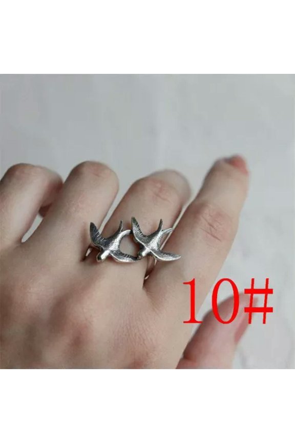 Silver Plated Carp Lotus Pigeons Animals Rings Finger Women Men Boho Jewelry-Bird-Size 10