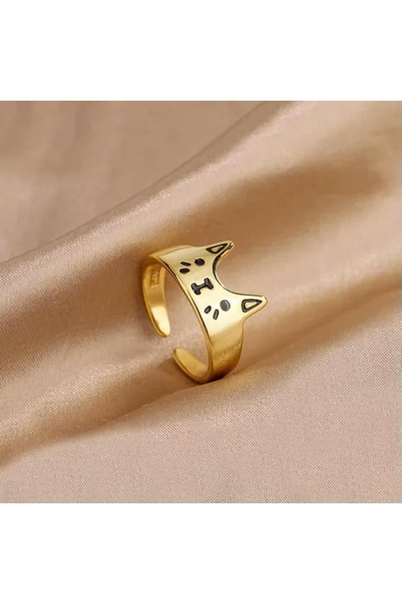 Simple Cat Rings Cartoon Ring Jewelry Adjustable Women Men Couples Friends Gift-1Pc-Gold