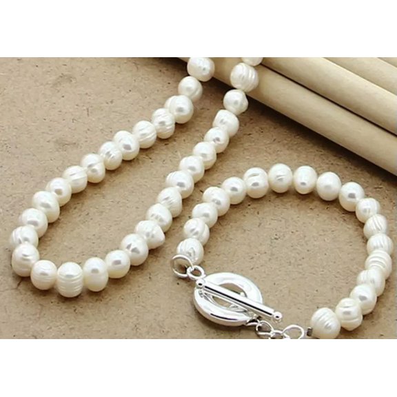 EOEMY Simulated Pearl Fashion 925 Silver Necklace Bracelet Wedding Jewelry Sets