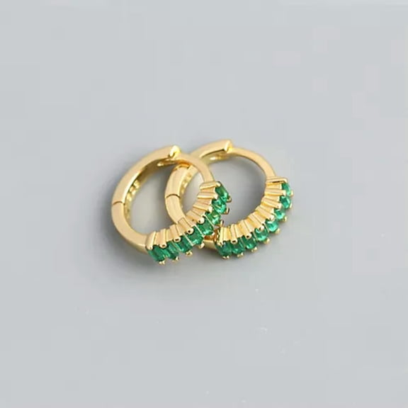EOEMY Small Sterling Silver Baguette Cz Zirconia Boho Huggie Hoop Earrings A4137-F - Gold With Green Stone
