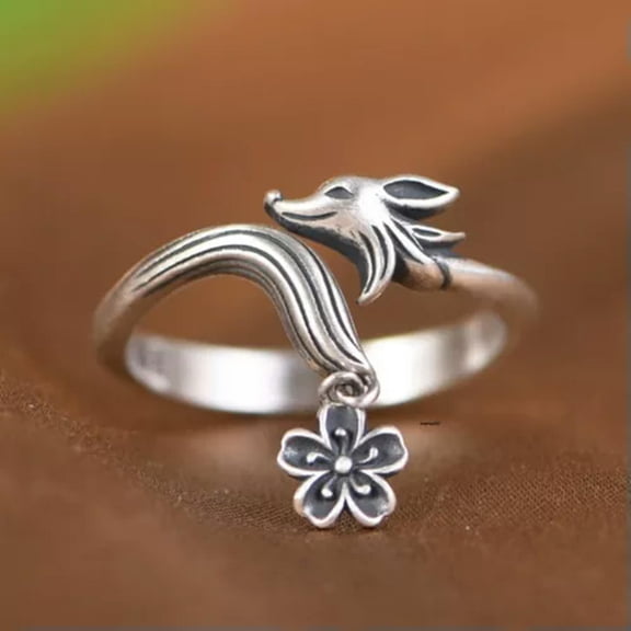 EOEMY Solid 925 Sterling Silver Band Women Lucky Flower Fox Open Ring
