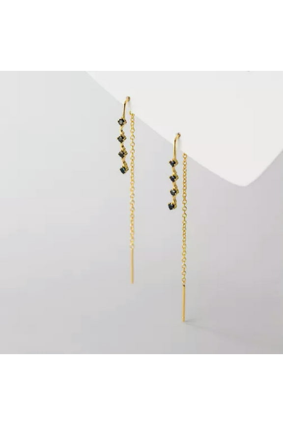 Solid 925 Sterling Silver Black Crystal Chain Pull Through Threader Earrings-Silver