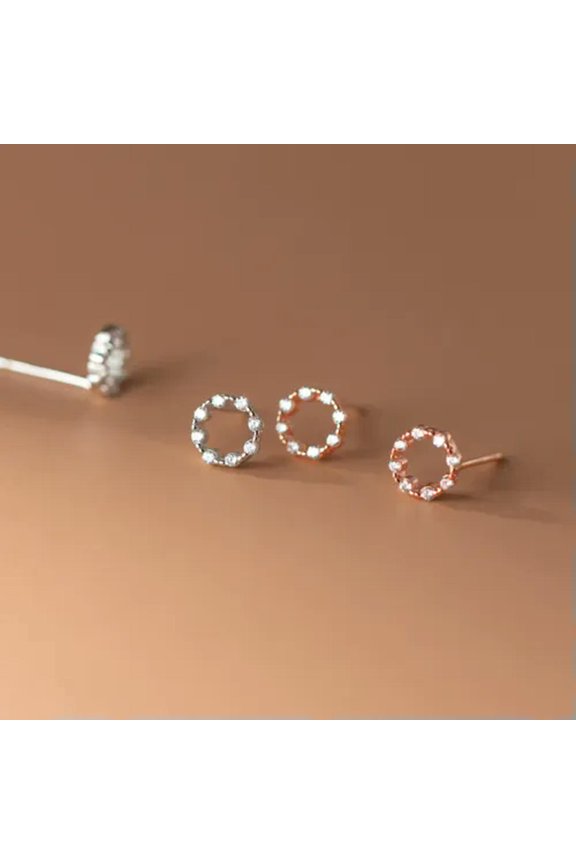 Solid 925 Sterling Silver Crystal Circle Stud Earring For Women Jewelry-Rose Gold