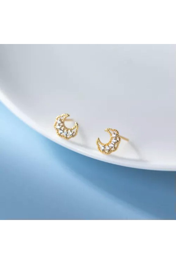 Solid 925 Sterling Silver Crystal Moon Stud Earrings-Gold