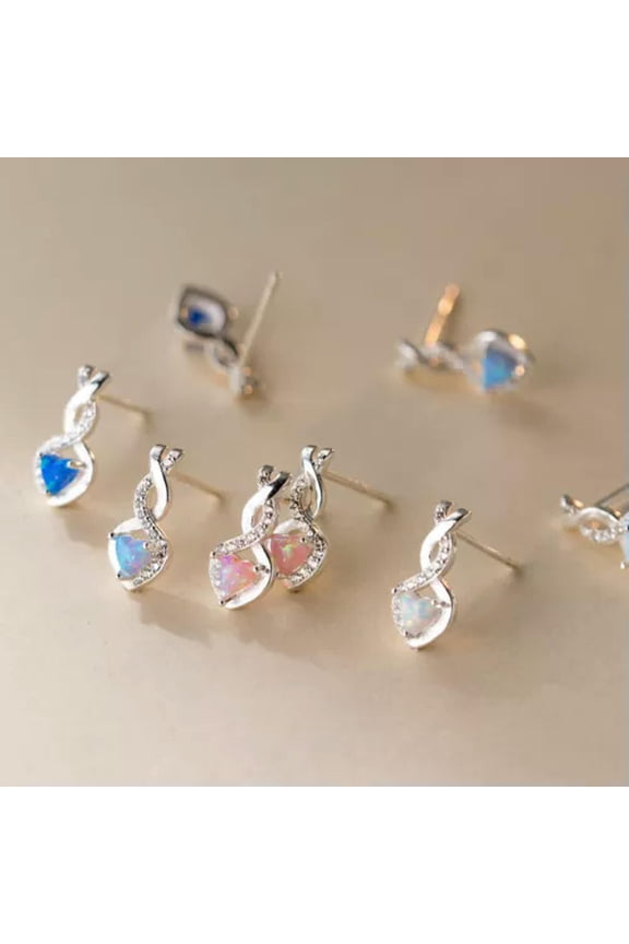 Solid 925 Sterling Silver Love Heart Opal Swirl Wave Stud Earrings Gift-Pink