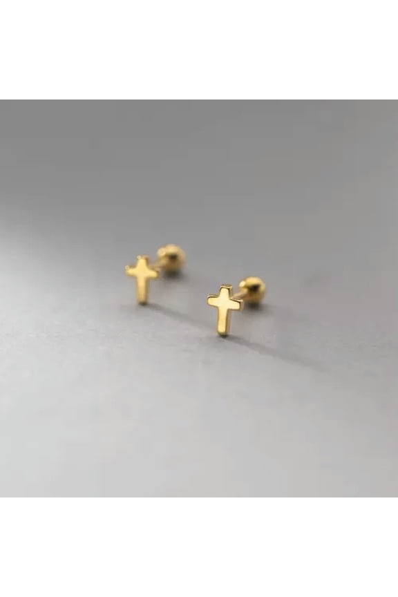 Solid 925 Sterling Silver Small Cross Crucifix Stud Earrings Screw Backs-Gold