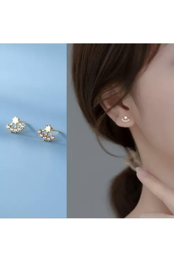 Solid 925 Sterling Silver Sparkle Clear Cz Star Stud Earrings-Gold