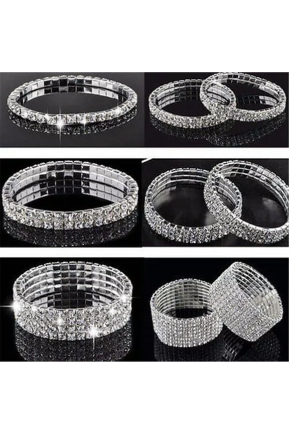 Sparkle Bling Rhinestone Crystal Wristband Stretch Elastic Bracelet Bangle Us.-Silver-3 Row