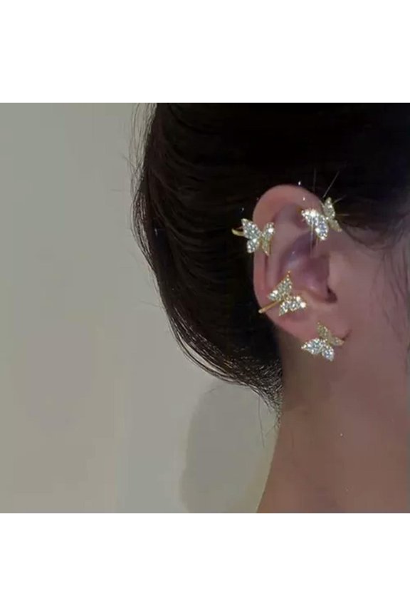 Sparkling Silver Plated Zircon Butterfly Earrings Ear Clips No Piercing Women-Gold-Left