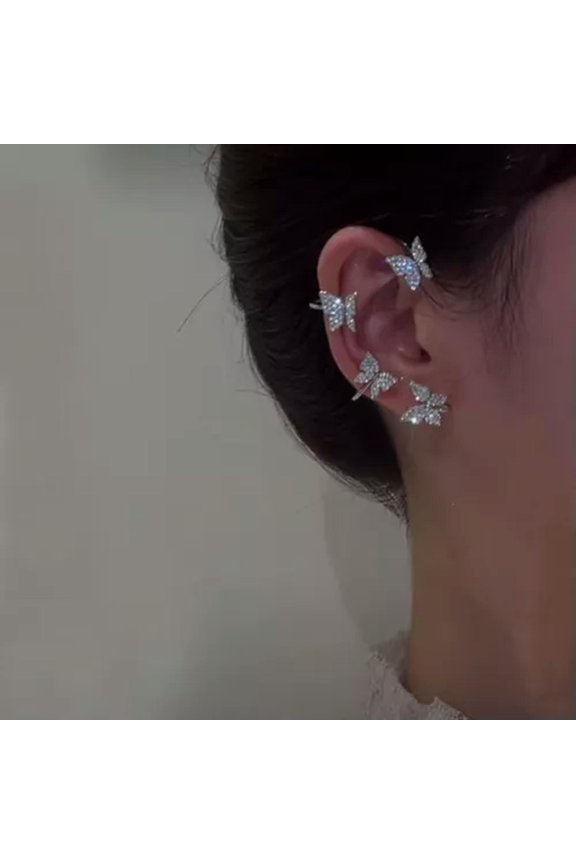 Sparkling Silver Plated Zircon Butterfly Earrings Ear Clips No Piercing Women-Silver-Left