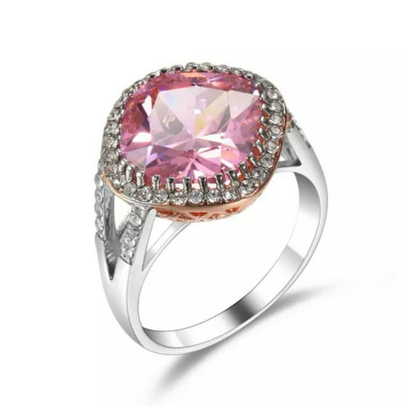 EOEMY Square Cut Pink Cz Hollow Band Women'S 925 Silver Wedding Fashion Ring Size 6-10