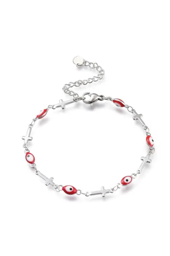 Stainless Steel Bracelet Enamel Lobster Evil Eye Cross Silver Black 7.2" Z190-Red