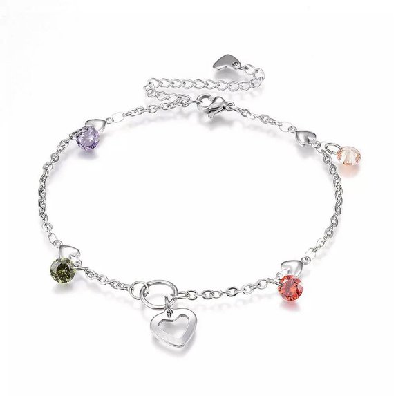 EOEMY Stainless Steel Charm Bracelet Glass Zirconia Lobster Silver Color 8.2" A78-Default
