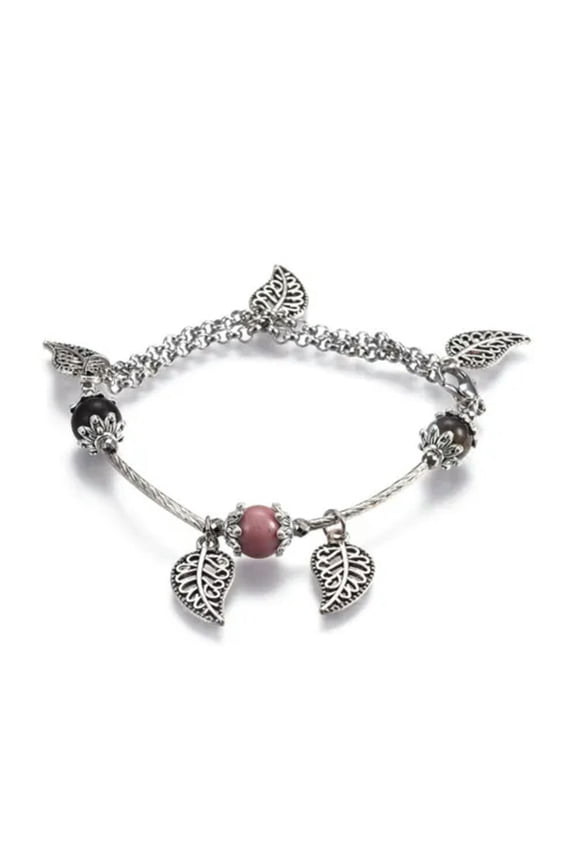 Stainless Steel Charm Bracelet Tiger Eye Labradorite Sandalwood Leaf 7.6" Z123-Burgundy