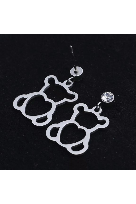 Stainless Steel Dangle Stud Earrings Zirconia Bear Silver 25mm 0.8mm Z378-Default