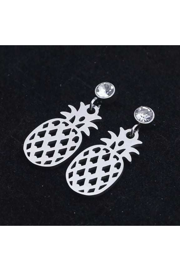 Stainless Steel Dangle Stud Earrings Zirconia Pineapple Silver 23mm 0.8mm Z372-Default