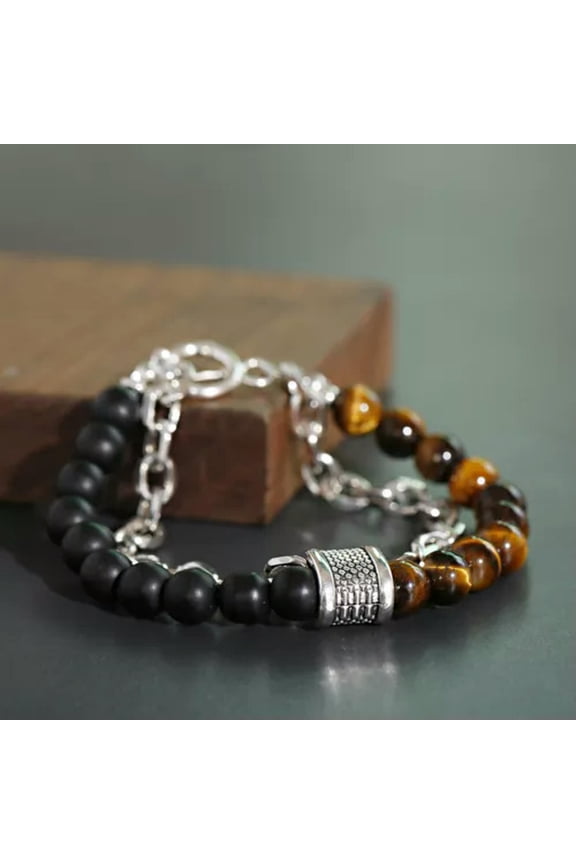 Stainless Steel Dragon Bangle Jewelry Men Viking Cuff Bracelet Father'S Day Gift-Tiger Eye &Amp; Onyx-Chain Bra...