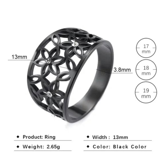 EOEMY Stainless Steel Flower Rings With Rhinestone Wide Delicate Boho Rings For Women