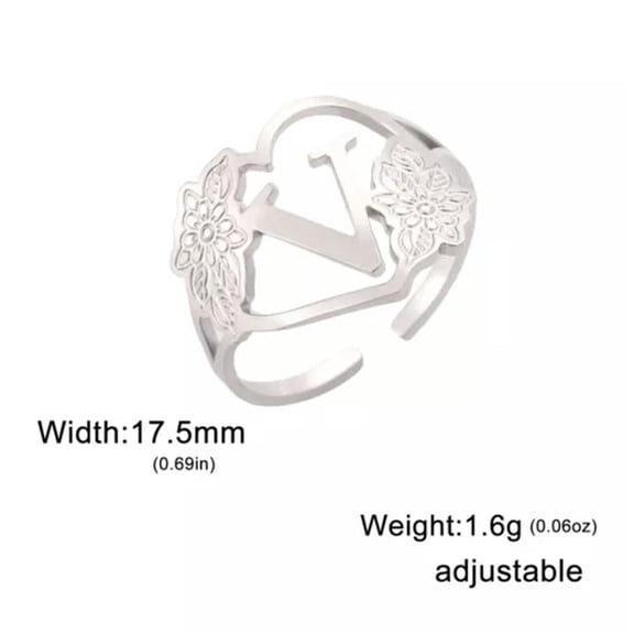 EOEMY Stainless Steel Initials Flower Rings Adjustable Alphabet Rings Fashion Jewelry