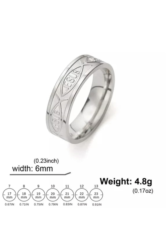 Stainless Steel Jesus Fish Ring 6mm Wide Finger Rings Religious Amulet Jewelry
