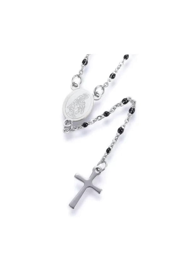 Stainless Steel Lariat Necklace Enamel Lobster Cross Virgin Gold Blue 17" A210-Silver/Black