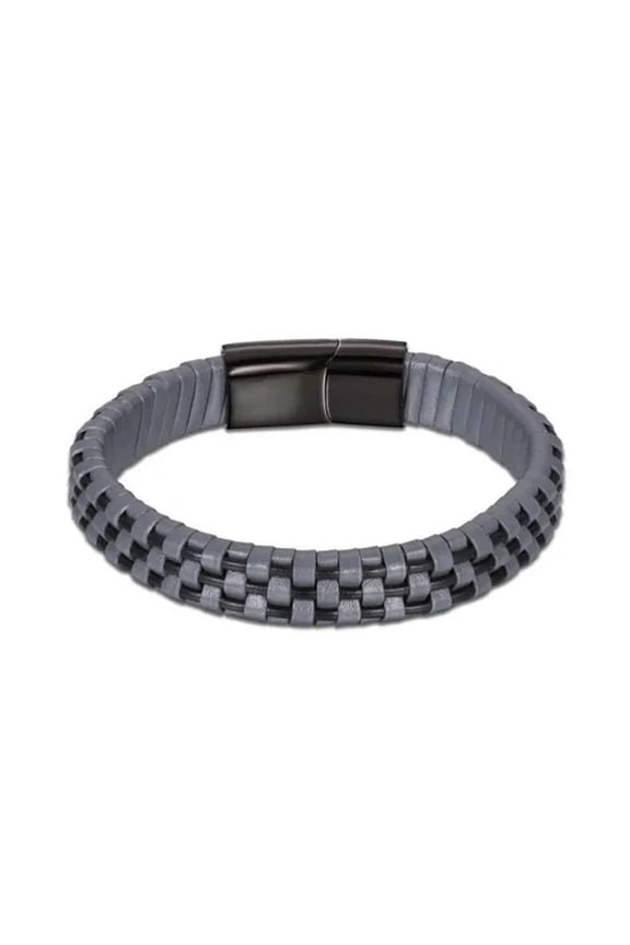 Stainless Steel Leather Bracelet 7.87 Inch Omega Clasp L331-Black&Amp;Gray