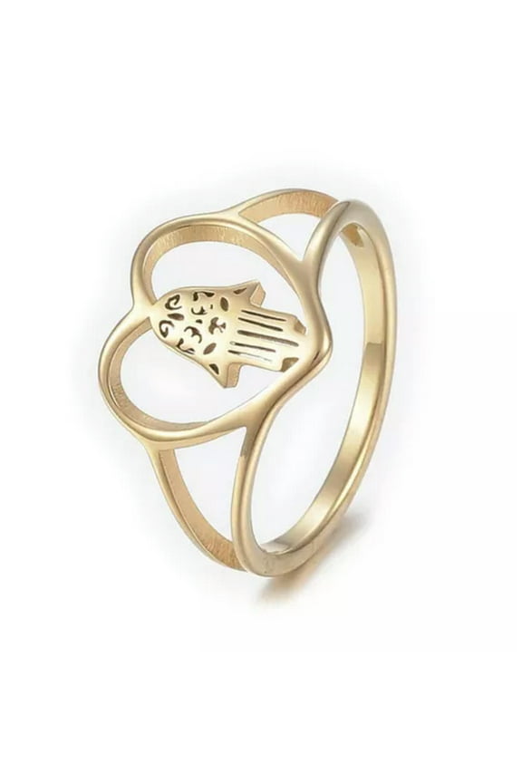 Stainless Steel Rings Wide Band Rings Hollow Heart Hamsa Fatima Gold Size 8 Z728-6-Gold