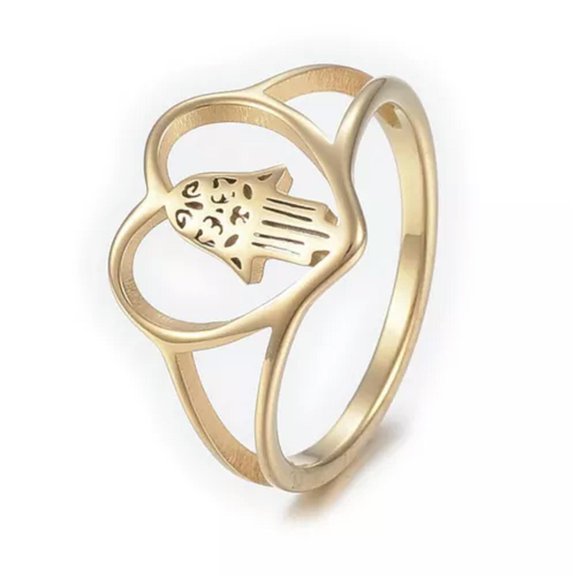 EOEMY Stainless Steel Rings Wide Band Rings Hollow Heart Hamsa Fatima Gold Size 8 Z728-9-Gold