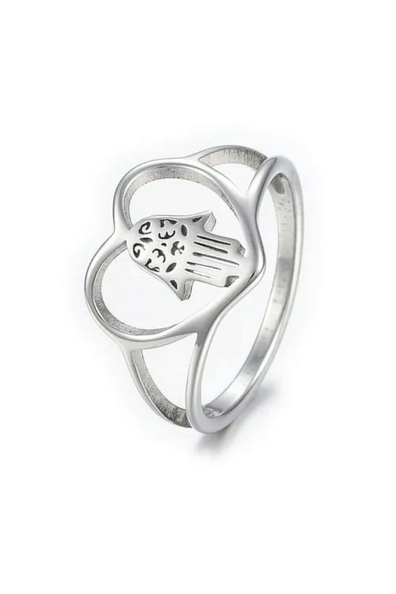 Stainless Steel Rings Wide Band Rings Hollow Heart Hamsa Fatima Gold Size 8 Z728-9-Silver