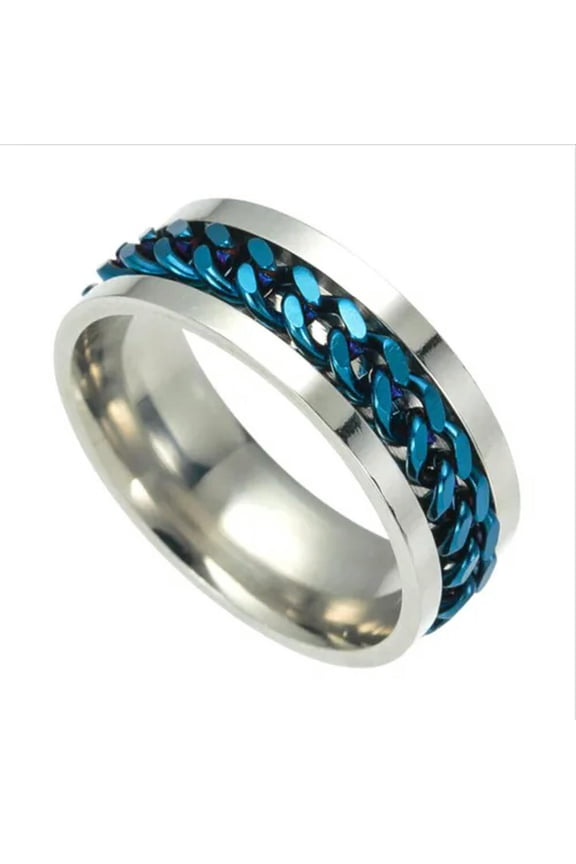 Stainless Steel Rotatable Ring Spinner Chain Rotable Rings Punk Reliever Men Us~-Blue-6