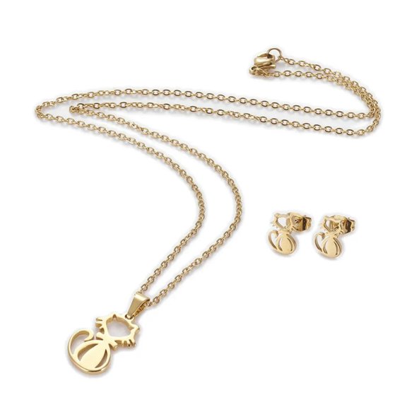 EOEMY Stainless Steel Set Earring Pendant Necklace Cat Gold 18"" P775-Default