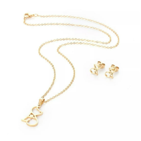 EOEMY Stainless Steel Set Earring Pendant Necklace Cat Shape Gold 18" P847-Default