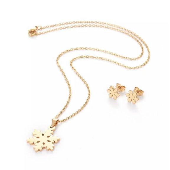 EOEMY Stainless Steel Set Earring Pendant Necklace Snowflake Gold 18" P850-Default