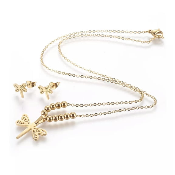 EOEMY Stainless Steel Set Earrings Pendant Necklace Dragonfly Gold 18" P865-Default