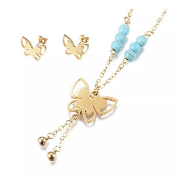 EOEMY Stainless Steel Set Necklace Earrings Turquoise Butterfly Gold 20.4" P687-Default