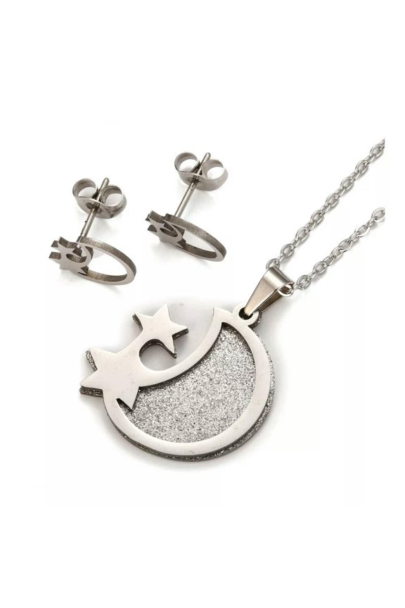 Stainless Steel Set Pendant Necklace Earrings Moon Star Silver 17.72" 0.7mm Z820-Default