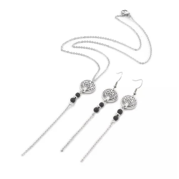 EOEMY Stainless Steel Set Pendant Necklace Earrings Tree Of Life Necklace 18.1" P757-Black