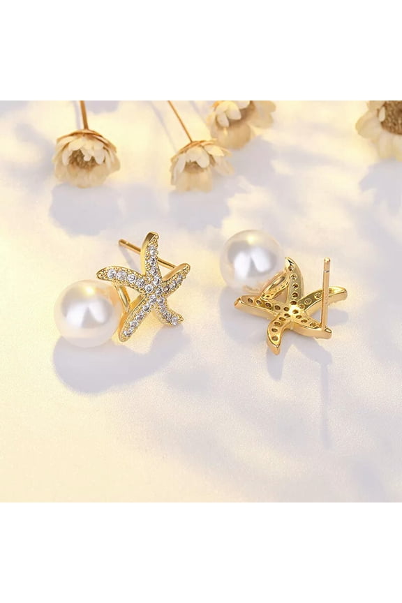Starfish Cz Pave 12mm White Sea Shell Pearl Earrings