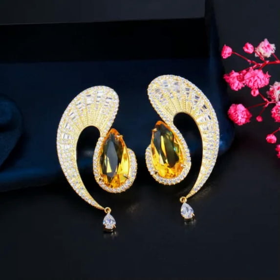EOEMY Statement Yellow Topaz Cz Water Drop Dangle Earrings For Femme Pageant Jewelry