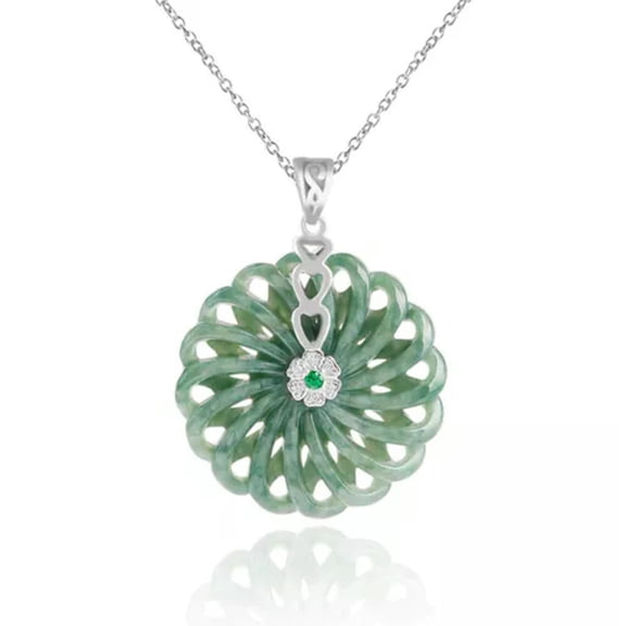 EOEMY Sterling Silver O Chain Necklace Jade Natural Jadeite Circle Flower Pendant 1Pcs