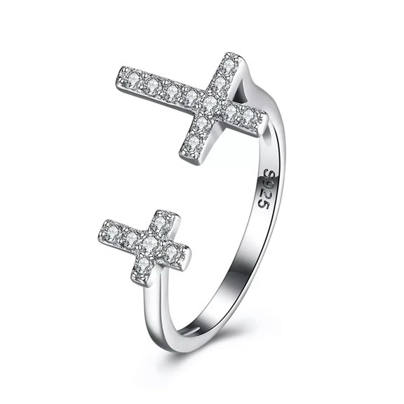 EOEMY Sterling Silver Plated Fashion Resizable Ring Aaa Zirconia Women Cross B418-Default