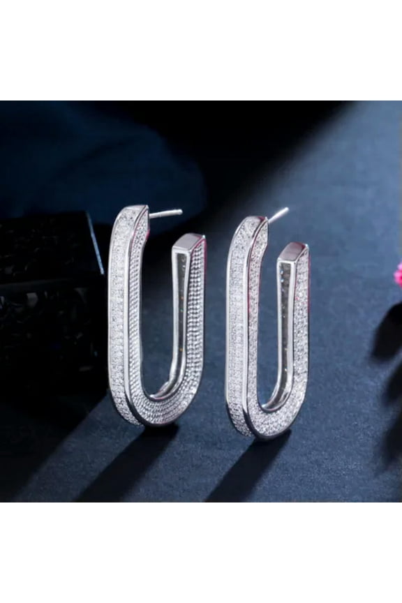 Stunning White Geometric Half Round Cz Heavy Bridal Banquet Crystal Hoop Earring