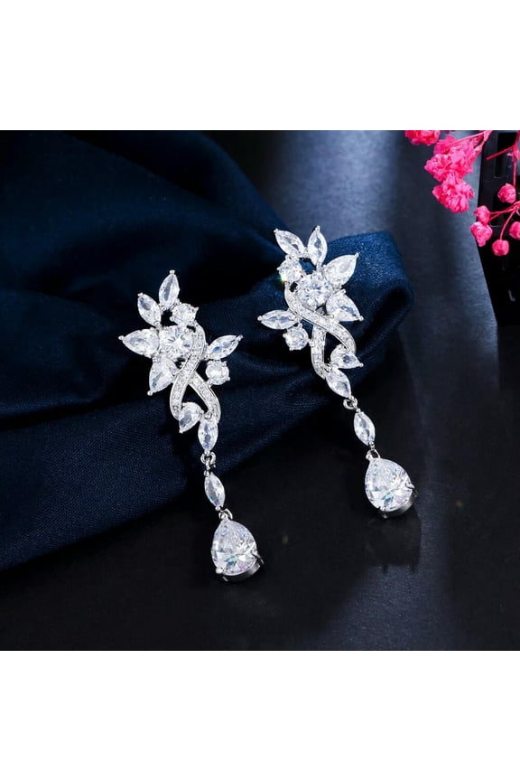Stunning White Gold Plated Amerian Crystal Long Leaf Dangle Round Drop Earrings